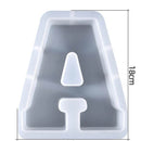 Silicone mold shaped like the letter 'A' with dimensions on a white background