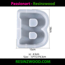 Silicone mold shaped like the letter 'B' with dimensions and Passionart Resinzwood branding.