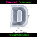 Silicone mold shaped like the letter 'D' with dimensions on a white background, featuring the brand 'Passionart - Resinzwood'.