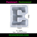 Silicone mold shaped like the letter 'E' with dimensions on a white background, branded with Resinzwood.