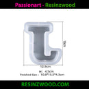 Silicone mold shaped like the letter 'J' with dimensions on a white background, featuring the brand 'Passionart - Resinzwood'.