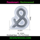 Silicone mold shaped like an ampersand with dimensions and branding information.