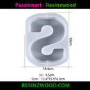 Silicone mold shaped "S" with dimensions and 'Passionart - Resinzwood' branding.