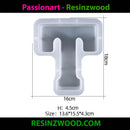 Silicone mold shaped like the letter 'T' with dimensions on a white background, branded with Resinzwood.