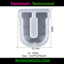 Silicone mould with the letter 'U' dimensions labelled, featuring the brand 'Passionart - Resinzwood'.