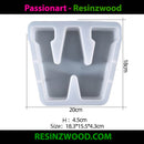Silicone mold shaped like the letter 'W' with dimensions displayed, branded as Resinzwood.