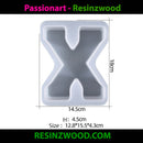Silicone mold shaped like the letter 'X' with dimensions on a white background, featuring the brand 'Passionart - Resinzwood'.
