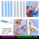 Set of blue and white sticks with images showing their use in mixing resin on a blue background.
