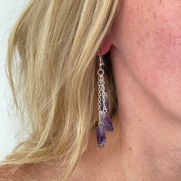 Earrings Amethyst Crystals Triple