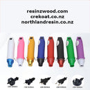 Colorful electric engraving tools with attachments on a white background, featuring website addresses.