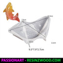 Transparent resin fish mold with measurements and a small resin fish model on a white background.