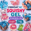 A promotional collage for Crekoat NZ Squishy Gel resin products, showing multiple colorful translucent gel items including a blue paw print, pink glitter butterfly, blue squishy ball held in a hand, teddy bear, heart with seashells, cube with starfish, donut, green dinosaur, and letter A. Large text reads CREKOAT NZ SQUISHY GEL and RESINZWOOD.