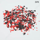 Colorful confetti pieces in red, black, and white on a white background with 'DP8' label.