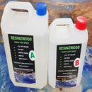 Two bottles of Resinzwood ocean cast epoxy resin on a blue and brown textured background.