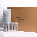 A pack of 200 clear plastic mixing cups, 1370ml size, shown with a stack of cups and a single cup in front of a brown cardboard box.