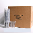 A box of clear plastic mixing cups with printed black text reading 'MIXING CUP 680ML 200PCS', with two stacks of transparent cups and one loose cup displayed in front of the brown cardboard box on a white background.