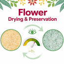 An infographic titled 'Flower Drying & Preservation' on a white background with decorative floral leaves at the top. It shows two circular samples: a dried yellow-orange flower powder on the left and a preserved greenish-white flower powder on the right, with a central drying gauge and arrows illustrating the process.