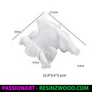 White silicone mold of a dog with dimensions labeled, brand 'PassionArt' visible.