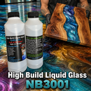 Two bottles of High Build Liquid Glass resin mix shown alongside a finished wood board with a blue and brown wave pattern, with a person's hands holding the board in the background. The text 'High Build Liquid Glass NB3001' is displayed at the bottom.