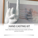 Hand casting kit with a three-dimensional hand model and text on a white background