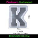 Silicone mold in the shape of the letter 'K' with dimensions displayed, branded as Resinzwood.