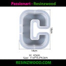 Silicone mold shaped like the letter 'C' with dimensions on a white background, featuring the brand 'Resinzwood'.