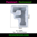 Silicone mold shaped like the letter 'F' with dimensions on a white background, branded with Resinzwood.