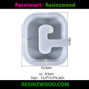Silicone mold shaped like the letter 'C' with dimensions displayed, branded as Resinzwood.