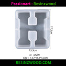 Silicone mold with letter 'H' design and dimensions on a white background, featuring Passionart and Resinzwood branding.