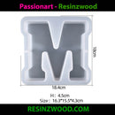 Silicone mold with letter 'M' design and dimensions on a white background, featuring Passionart and Resinzwood branding.