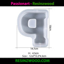 Silicone mold shaped like the letter 'P' with dimensions and Passionart Resinzwood branding.