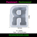 Silicone mold shaped like the letter 'R' with dimensions and branding information.