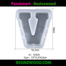 Silicone mold with letter 'V' design and dimensions on a white background, branded with Passionart and Resinzwood.