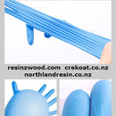 Collage of blue resin products with contact information overlaid.