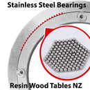 Stainless steel bearings with a close-up inset and text 'Stainless Steel Bearings' and 'Resin Wood Tables NZ'.