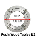 Metallic circular component with measurements on a white background, branded 'Resin Wood Tables NZ'.