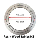 Metallic circular component with measurements on a white background, branded 'Resin Wood Tables NZ'.