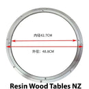 Circular metal ring with measurements in centimeters on a white background, branded 'Resin Wood Tables NZ'.