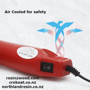 Red hot air gun with cooling arrows and text 'Air Cooled for Safety' on a white background.