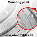 Close-up of a resin wood table with a mounting point highlighted, labeled 'Resin Wood Tables NZ'.