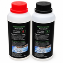 Two white plastic bottles of Resinzwood Multi Sealer shown side by side on a white background. The bottle on the left has a red cap and label section marked 'B', and the bottle on the right has a black cap and label section marked 'A'.