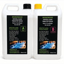 Two white plastic resin bottles with handles on a white background. The left bottle has a black cap and a black label with green text reading RESINZWOOD CRYSTAL CLEAR TABLETOP RESIN Ratio 2:1 by Weight Six Litre Kit, marked as part A.