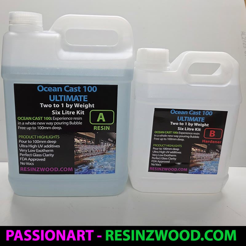 Two containers of Ocean Cast 100 Ultimate resin kit on a white background with 'PassionArt' branding.