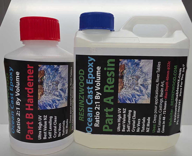 Two bottles of Resinzwood Ocean Cast Epoxy on a white background