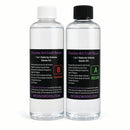 Two clear plastic bottles of resin starter kits on a white background. The left bottle has a white cap and a black label with purple and red text reading 'Passion Art Craft Resin 1 to 1 Ratio by Volume Starter Kit' and 'B HARDENER'.