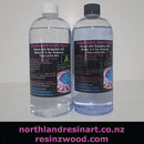 Two bottles of PassionArt Craft Resin with labels on a white background