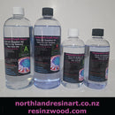 Four bottles of resin mix with labels on a white background, featuring 'northlandresinart.co.nz' and 'resinzwood.com'.