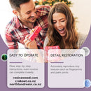 Man and woman opening a gift together with promotional text about product features and websites.