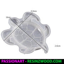 Turtle-shaped silicone mold with measurements on a white background, featuring PassionArt and Resinzwood.com branding.