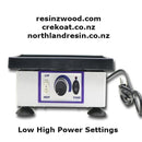 Small electronic device with power settings on a white background, featuring website URLs and text.